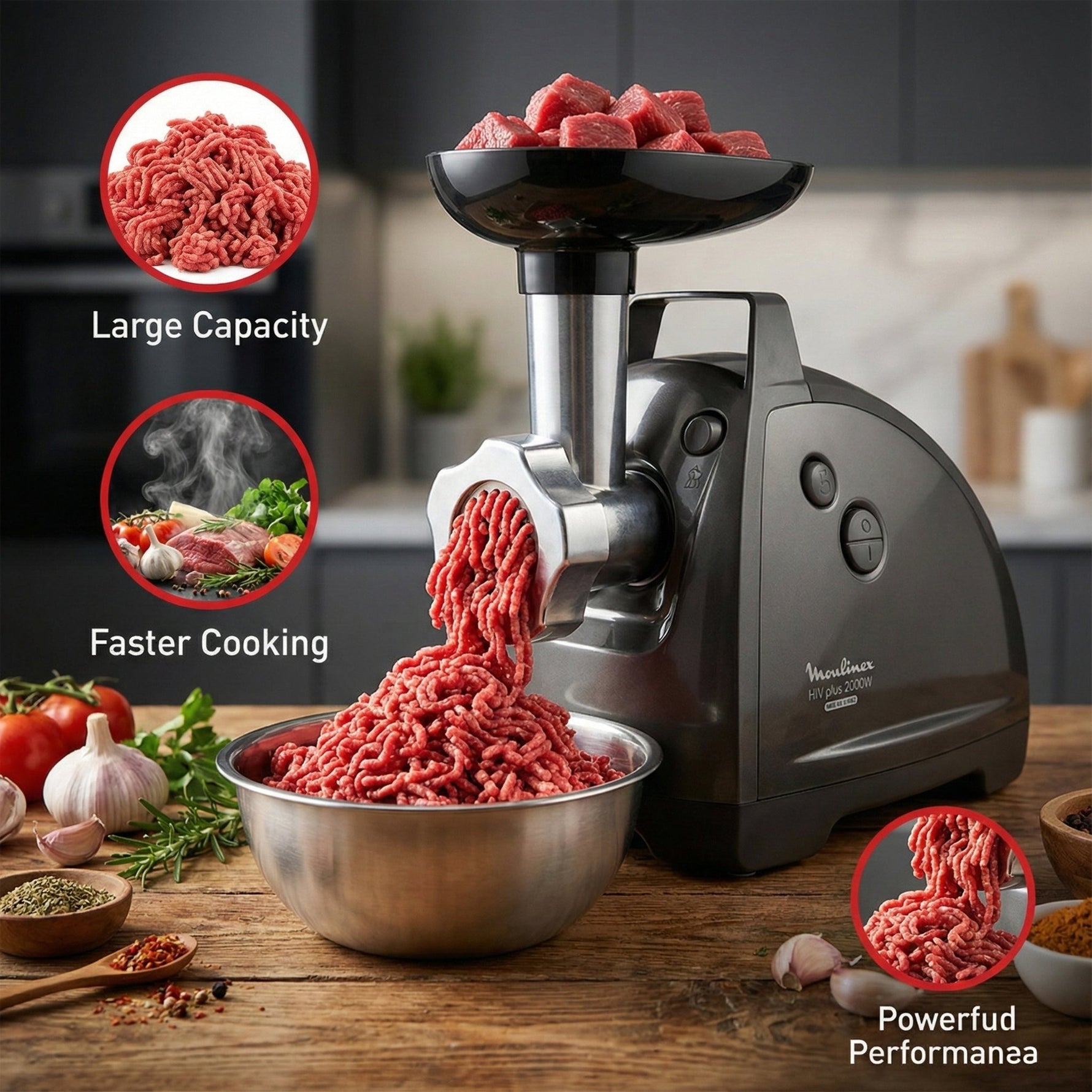 مفرمة لحم مولينكس بلس 4 في 1 - 2000 واط، إنتاج 2.6 كجم/دقيقة، ME682 - Blanco